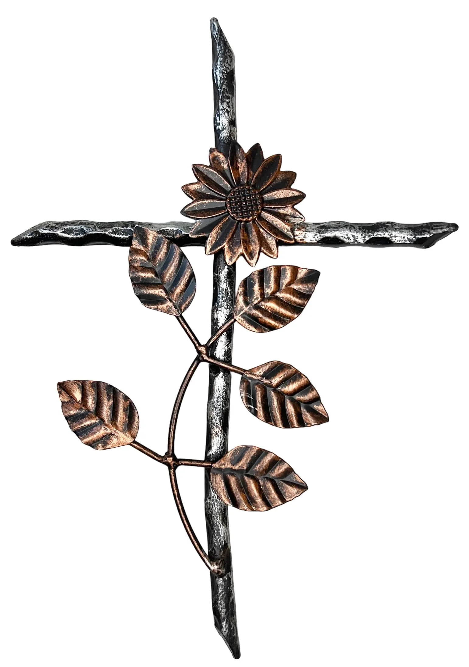 12” Metal Wall Mount Cross – Sunflower/Daisy Floral Design – Rustic Jesus Art Sculpture