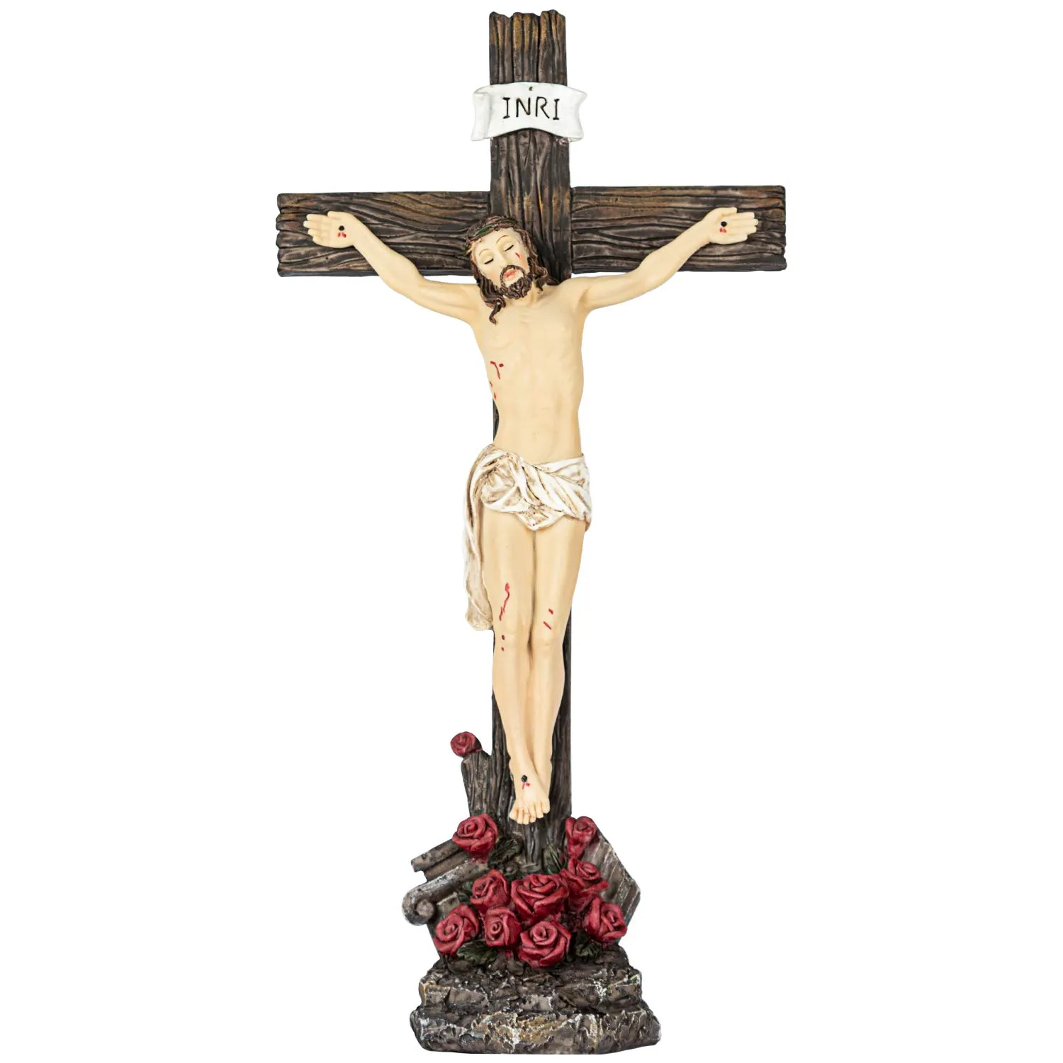 15-Inch Jesus Crucifix Cross Statue with Red Rose - Hand-Painted Religious Display Figurine