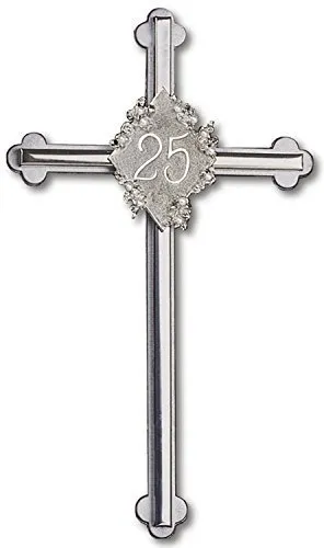 25th Anniversary 8' Satin Metal Wall Cross - Bright Silver Overlay & Pearl Emblem