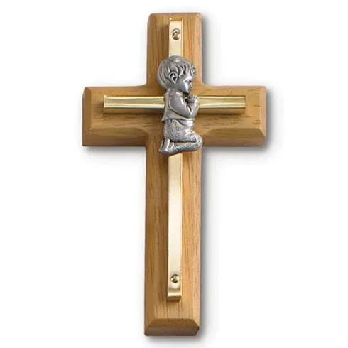 4 1/2' Beveled Gold Plated Praying Boy Wall Cross by Joy Jewelers