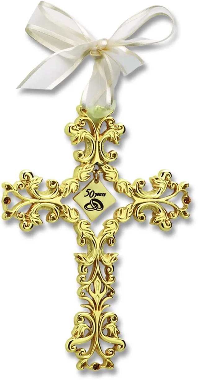 50-Year Anniversary Wall Cross with Topaz Stones – 5-Inch Filigree Design by Cathedral Art