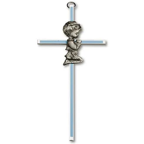 6in Gold Plated Praying Boy Blue Wall Cross by Joy Jewelers