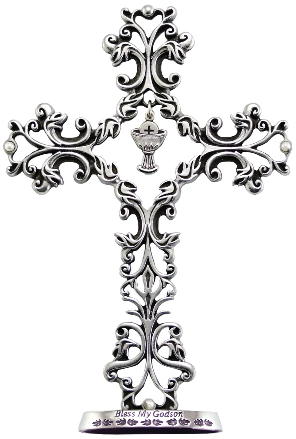 Abbey & CA Gift Godson Communion Cross, 5-Inch Silver Filigree, Self-Standing Bless My Godson