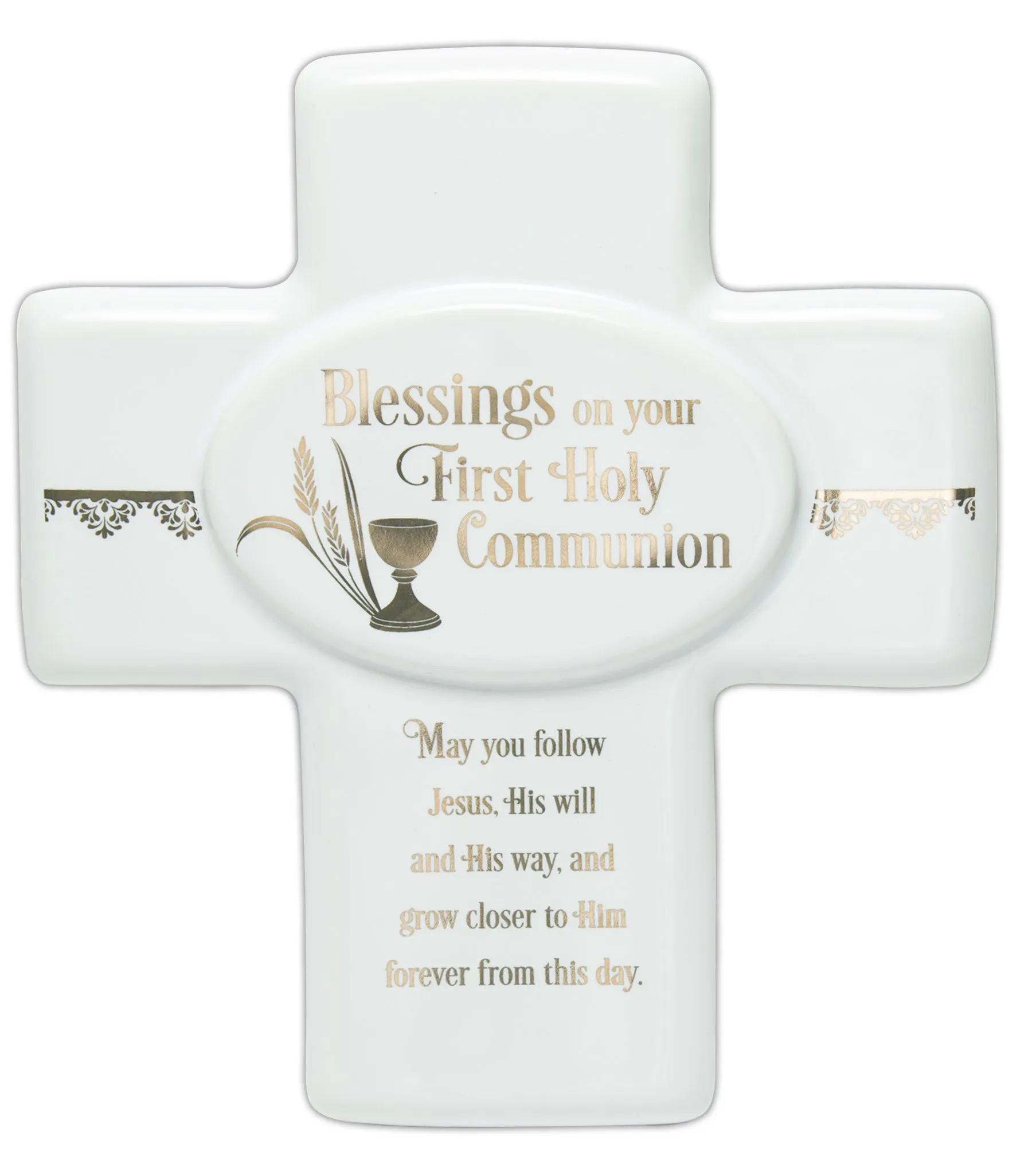 Abbey Gift 1st Holy Communion Cross - White Ceramic, Gold Design, Inspiring Message