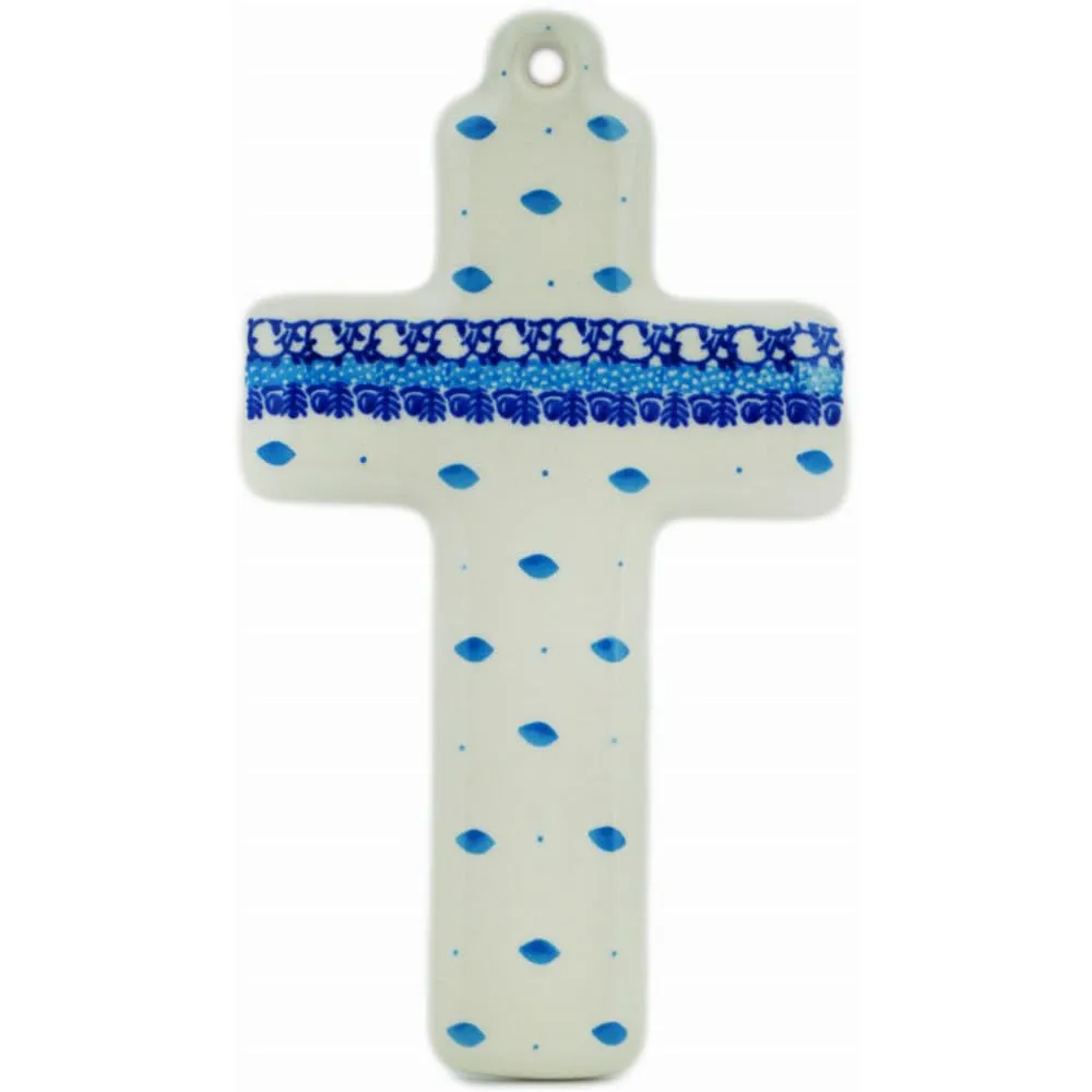 Authentic Polish Pottery Cross in Winter Sparrow Design, Handmade in Poland, 8.5'H