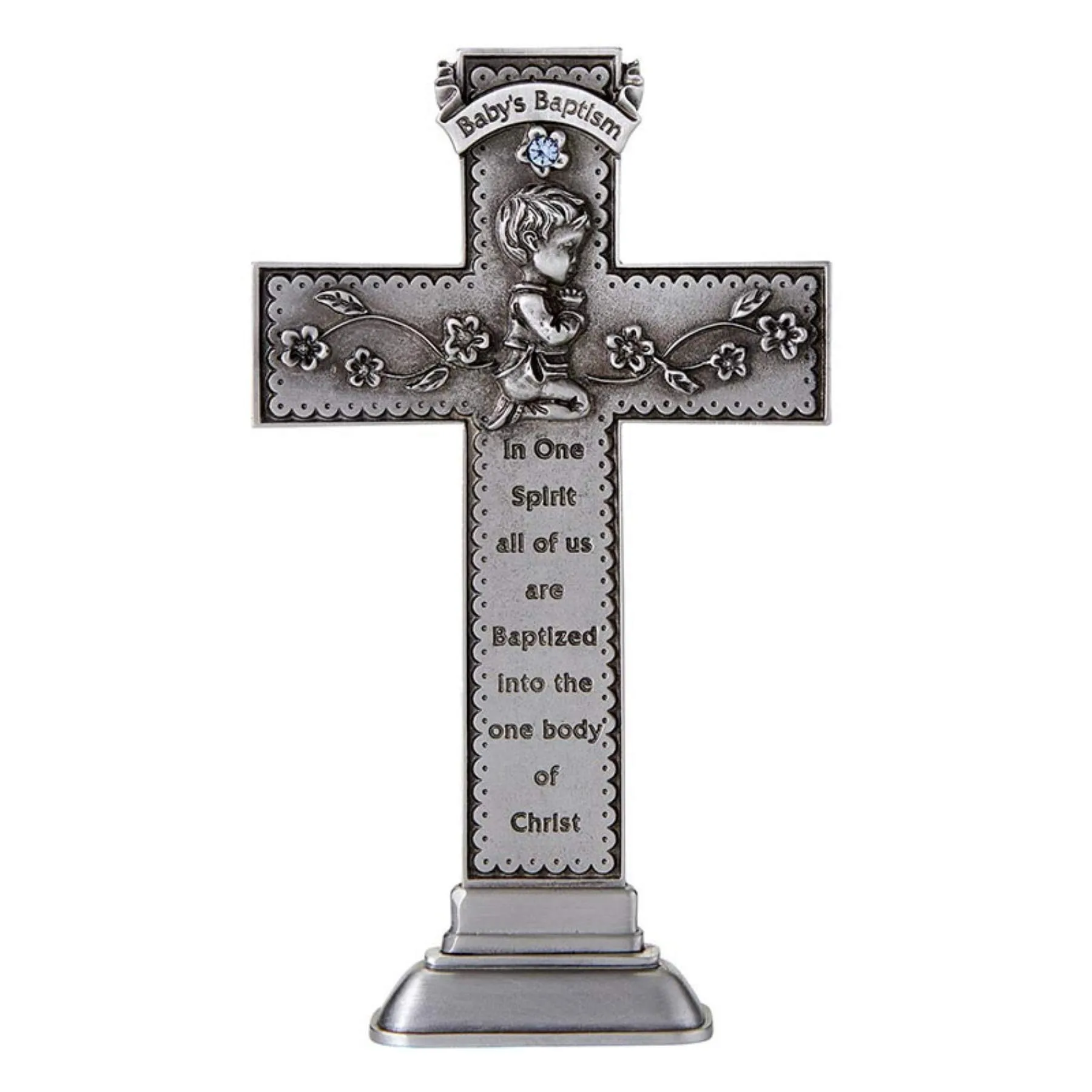 Baby's Baptism 6-Inch Pewter Cross with Praying Boy Emblem, Engraved Gift Box Included