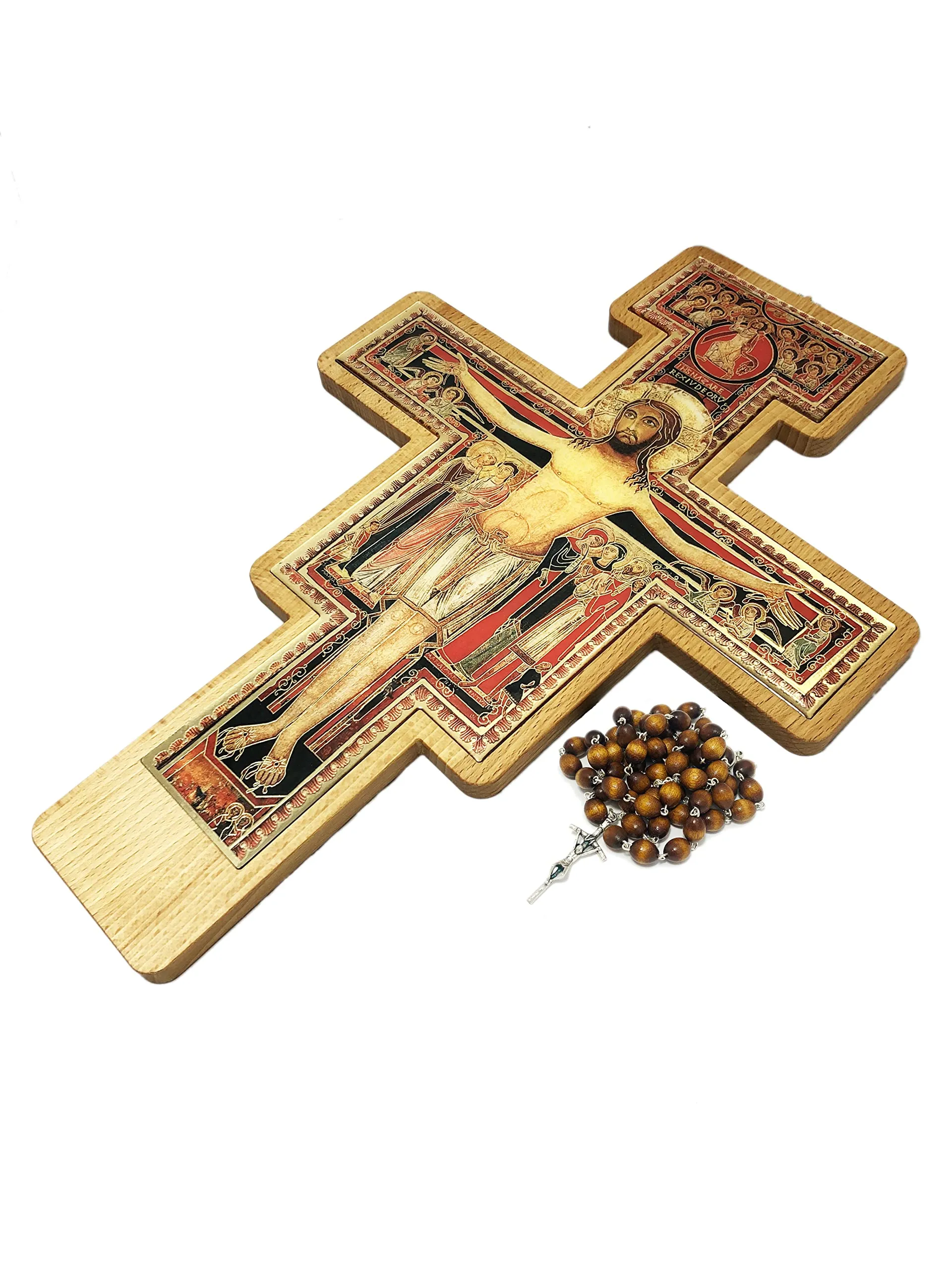 Big Handmade Wooden Franciscan Crucifix 18x12.5in, Premium Beech Wood Gift for Christians