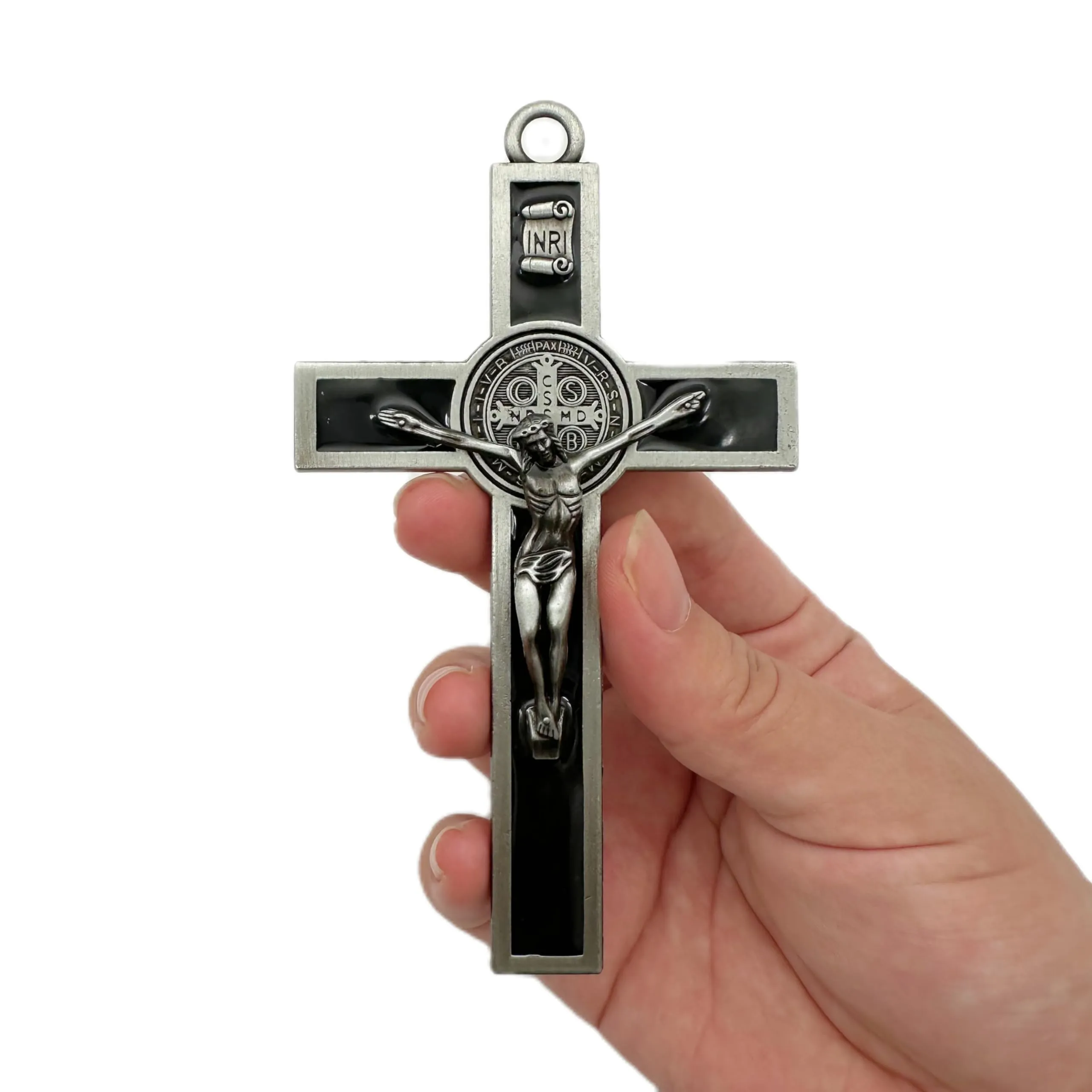 BONITTER Antique Silver Crucifix Wall Cross 5.0'x2.7' Black White Brown Enamel Faith Gift