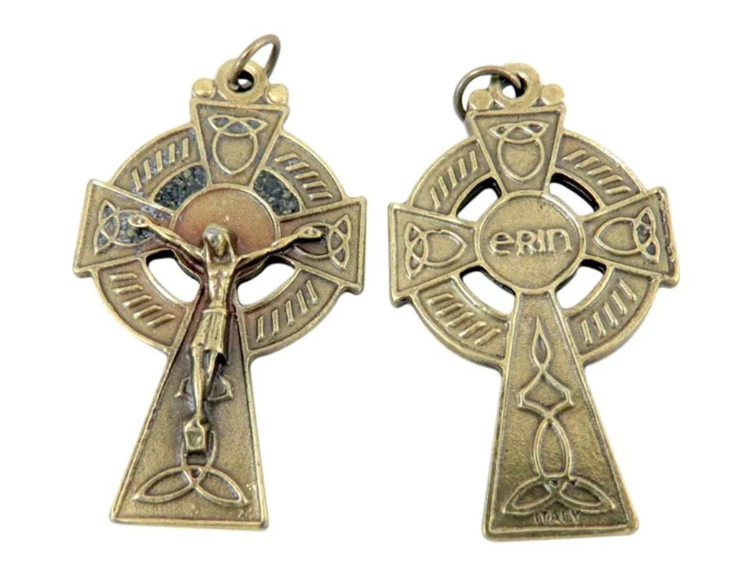 Bronze Toned Base Irish Catholic Celtic High Cross Crucifix Pendant 1 3/4 Inch