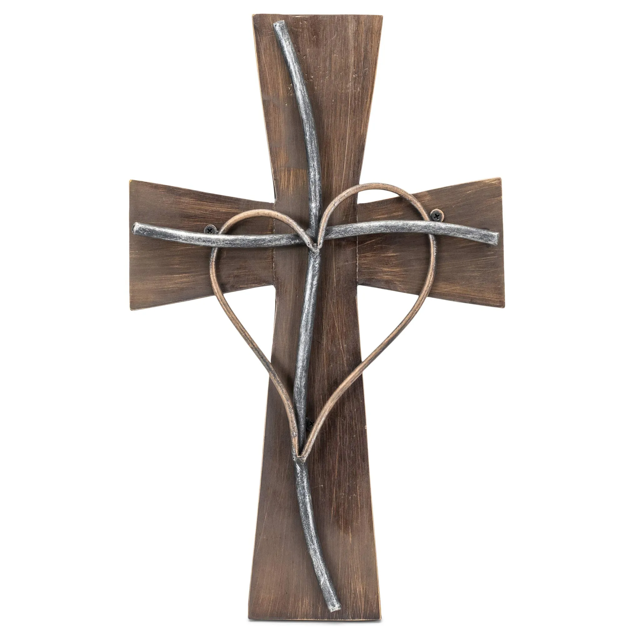 Dicksons Rustic Wood Look Metal Hanging Wall Cross with Heart Center, 11x17.75 Inches