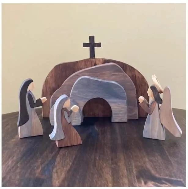 Easter Resurrection Scene Set with Wooden Jesus Nativity Statue, Handcrafted Cross Figurines