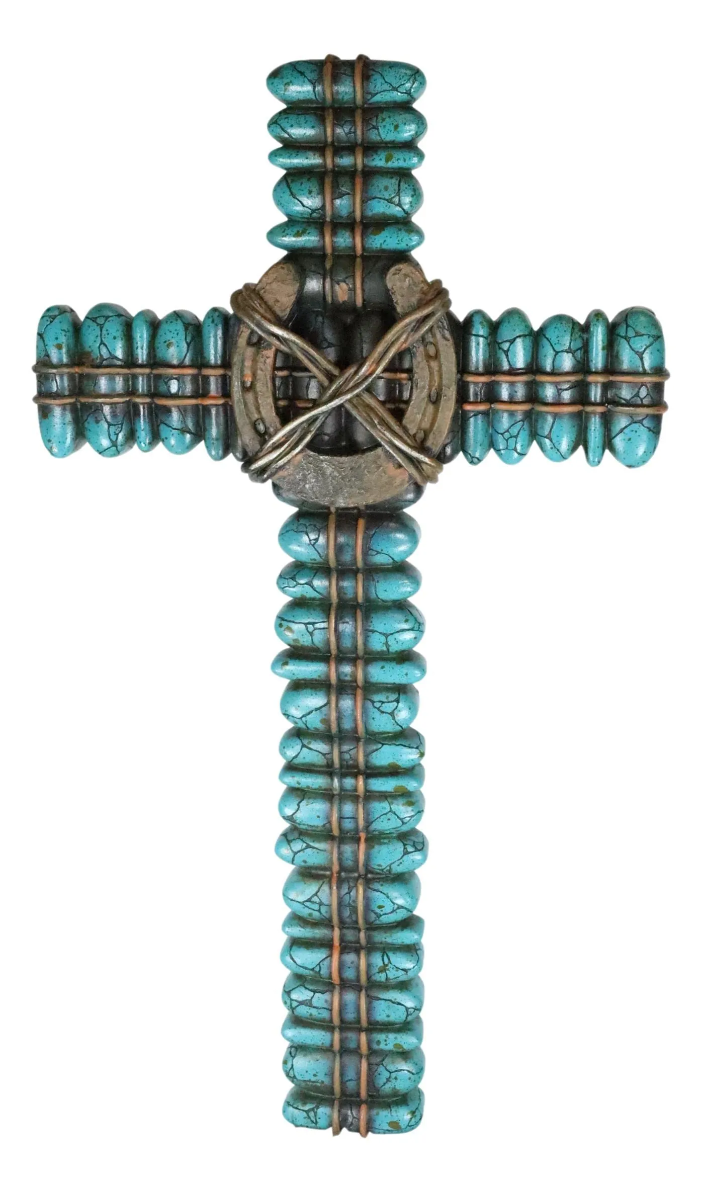 Ebros Gift 18' Rustic Southwestern Turquoise Gemstone Wall Cross with Horseshoe Design