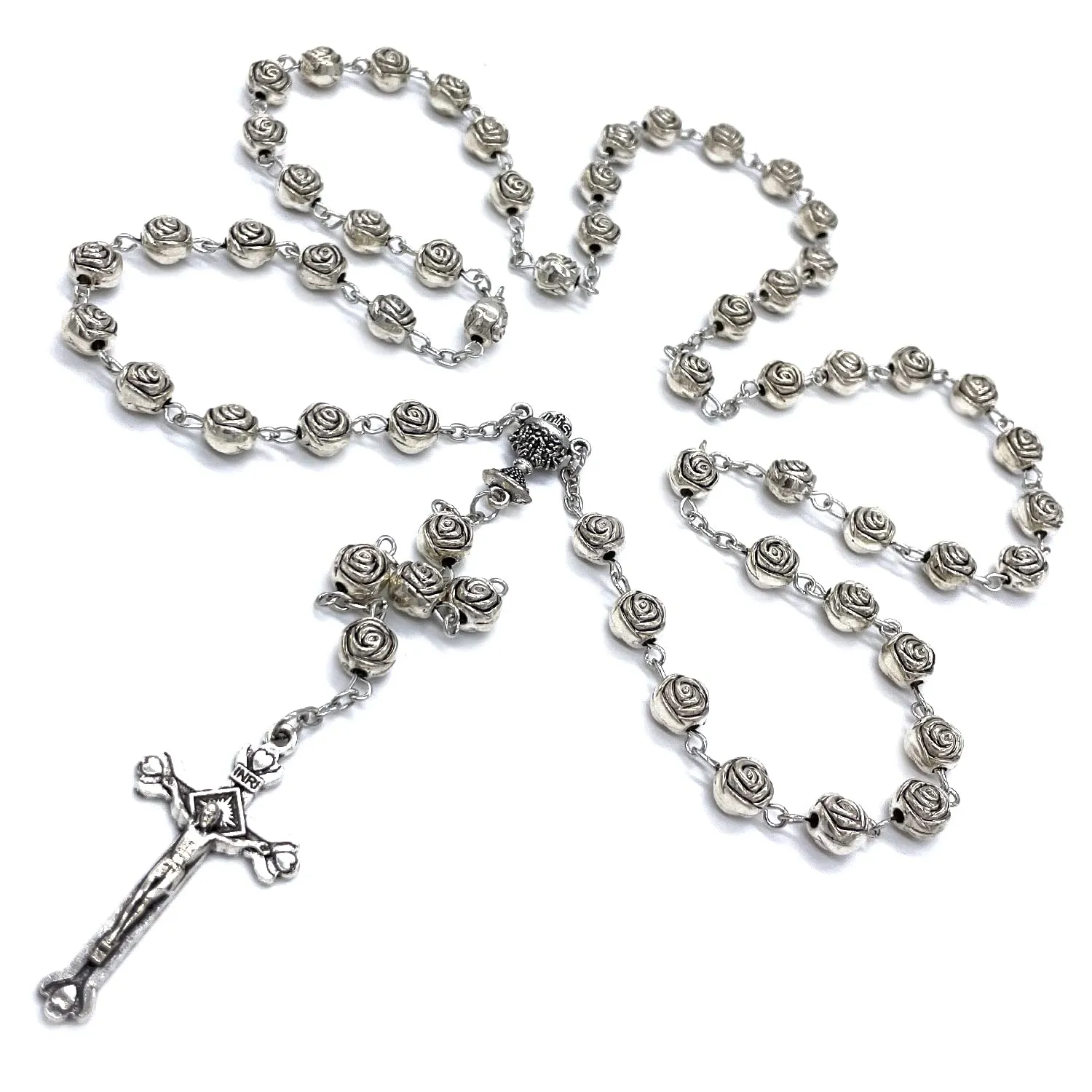 Electroplated Silver Rosary with Carved Roses & 8mm Beads - Catholic Gift by mxelves