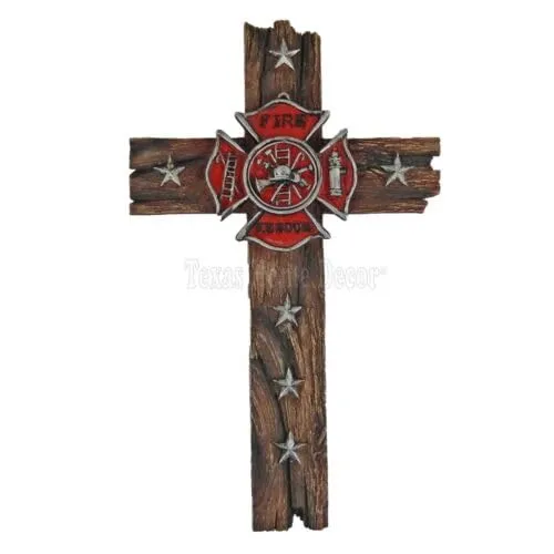 Fireman Firefighter Wall Cross Rustic Faux Wood Look with Stars Shield Maltese Cross