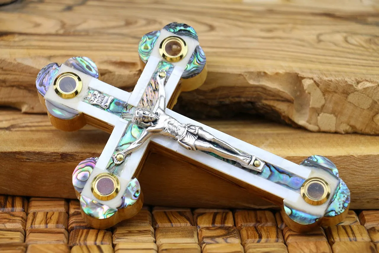 Handmade Mother of Pearl Crucifix Olive Wood Jerusalem Cross with Holy Land Elements