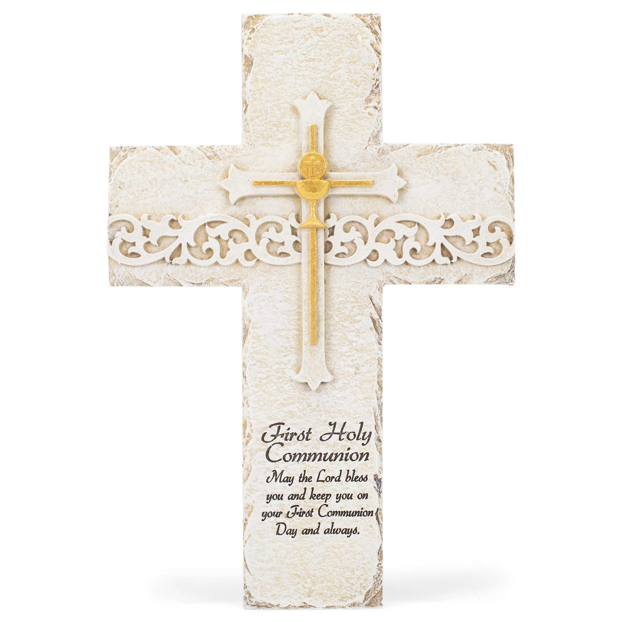 Intricate 9.25-Inch Roman Communion Wall Cross with Sentiment and Filigree Design