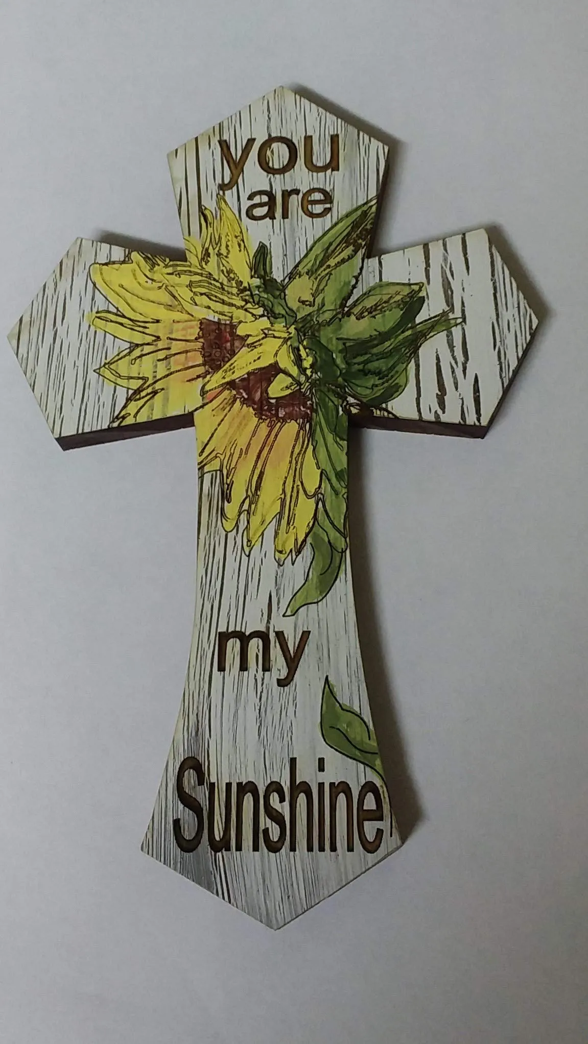 Large Handmade Wooden Wall Cross with Sunflower - Rustic Antique Look - 7'x4.5'