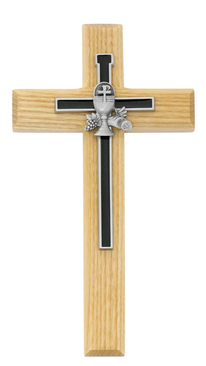 McVan 8in Oak Cross with Black Chalice - Elegant Boxed Religious Gift