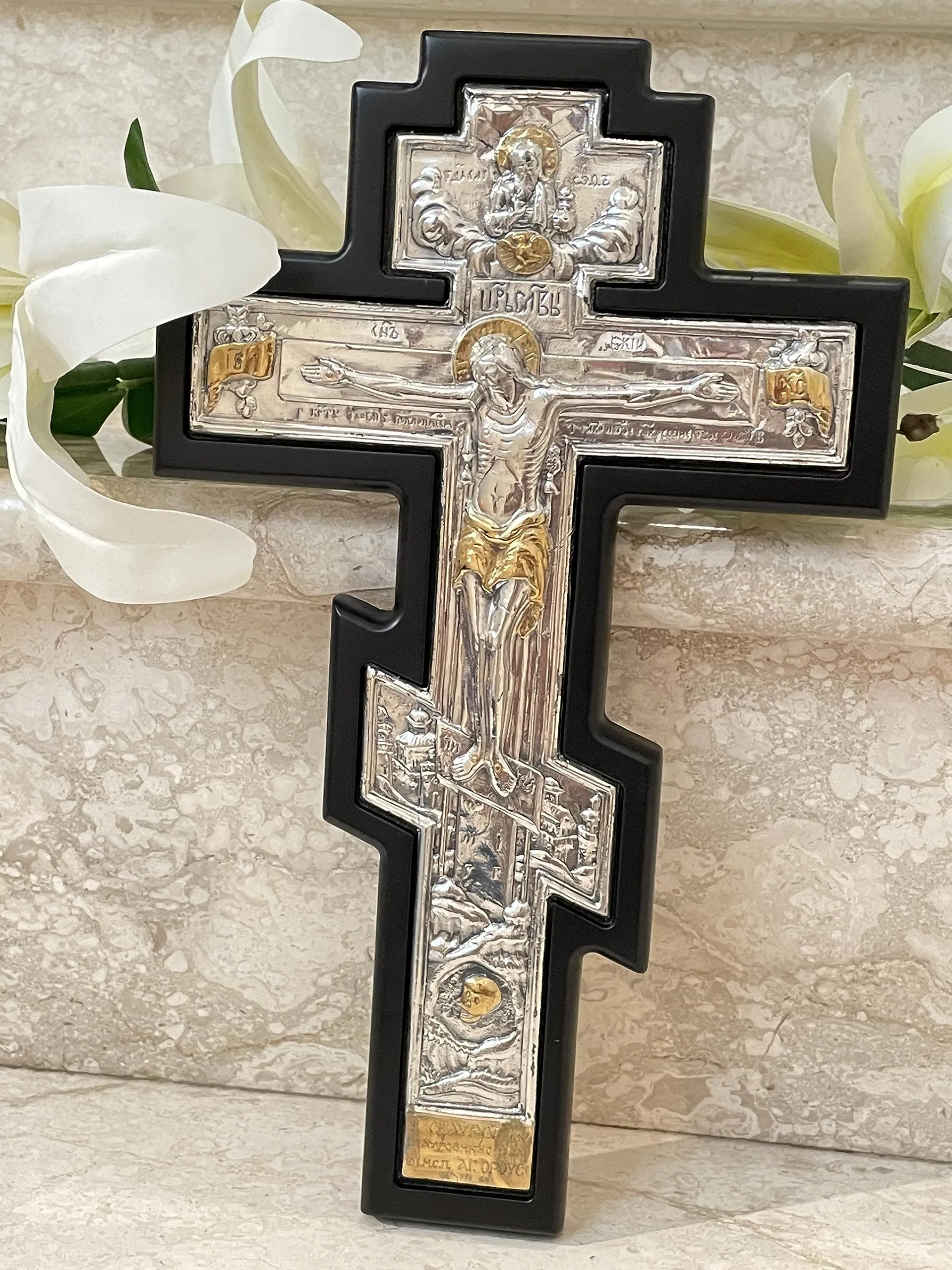 Mount Athos Byzantine Orthodox Crucifix Sterling Silver Wall Cross 12'x7' Handmade Gift