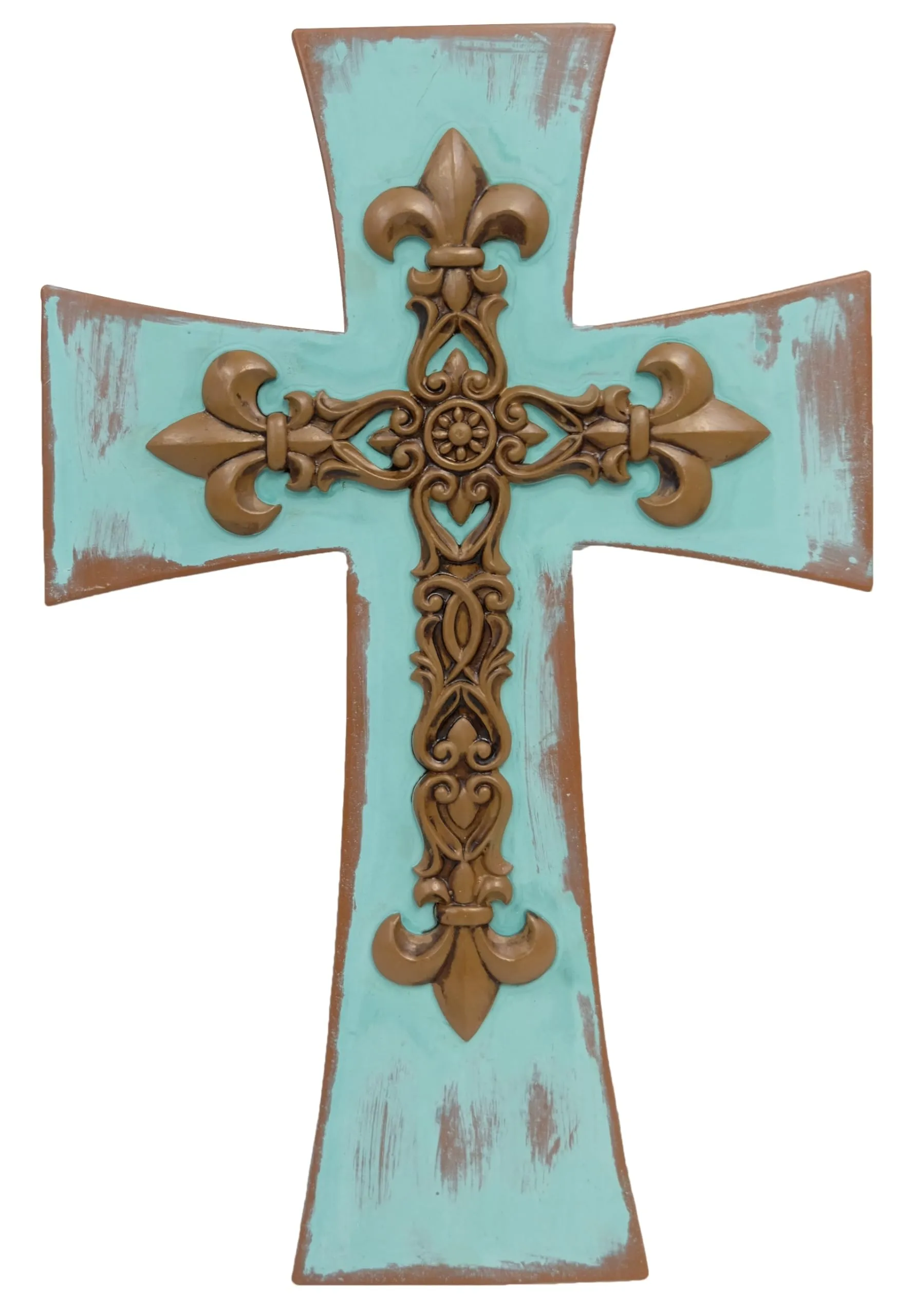 Polyresin Distressed Turquoise & Brown Fleur De Lis Scroll Rustic Accent Hanging Wall Cross