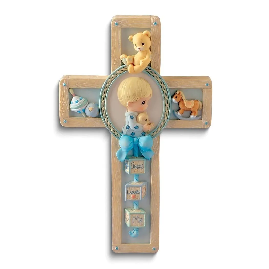 Precious Moments Blue Praying Boy Resin Cross Plaque with Traditional Cherry Finish