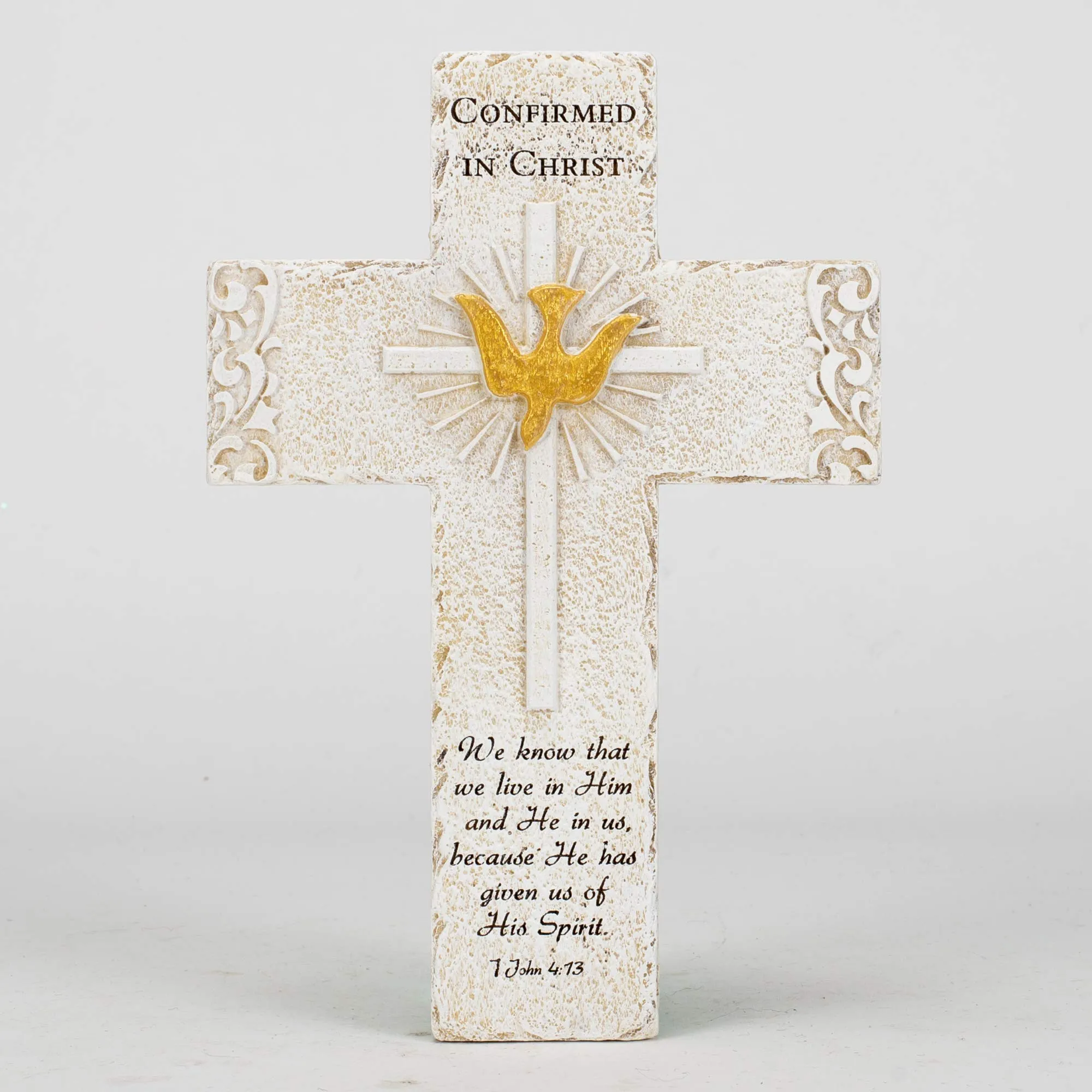 Roman Confirmation Wall Cross, 9.25-inch Inspirational Dove Design with 1 John 4:13 Sentiment