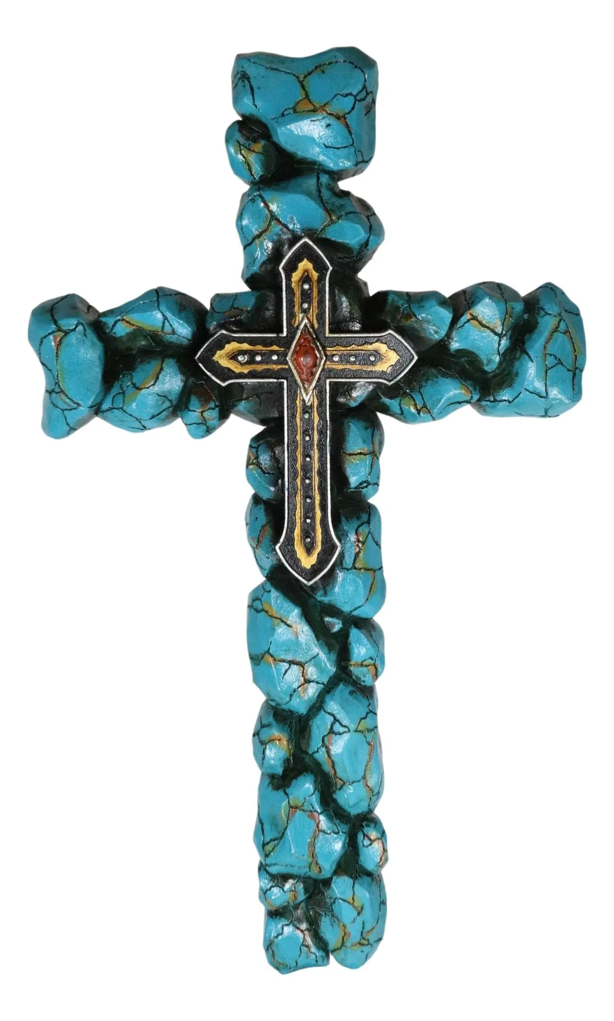 Rustic Southwestern Turquoise Gemstone Wall Cross with Citrine Art Crucifix - 12.25' High