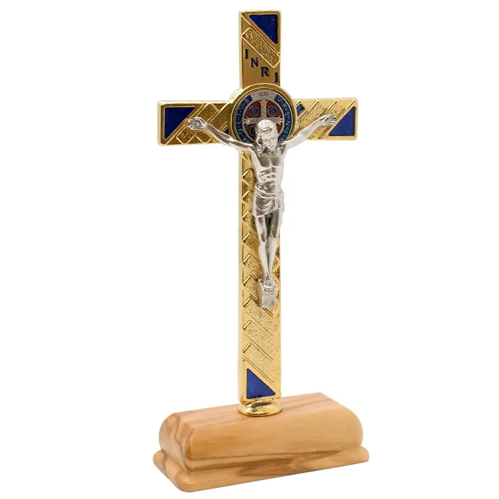 Saint Benedict Crucifix on Wooden Stand with Gold-Tone Metal Cross