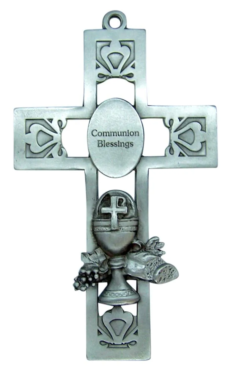 Silver-Toned Pewter First Communion Blessings Medal Hanging Wall Cross, 5.25' x 3.25'