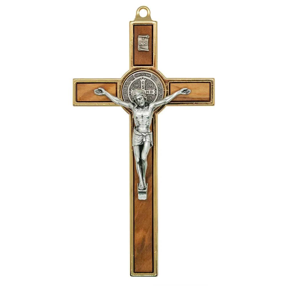 Small Saint Benedict Wall Cross - 5.25' Gold-Tone Wood Crucifix