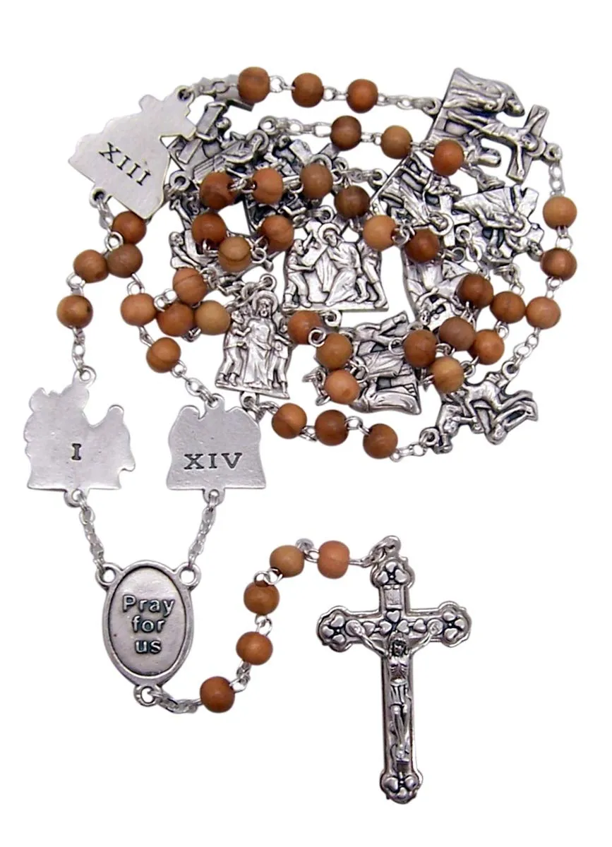 Stations of the Cross Wooden Bead Rosary with Resurrection Centerpiece, 2 Feet Long