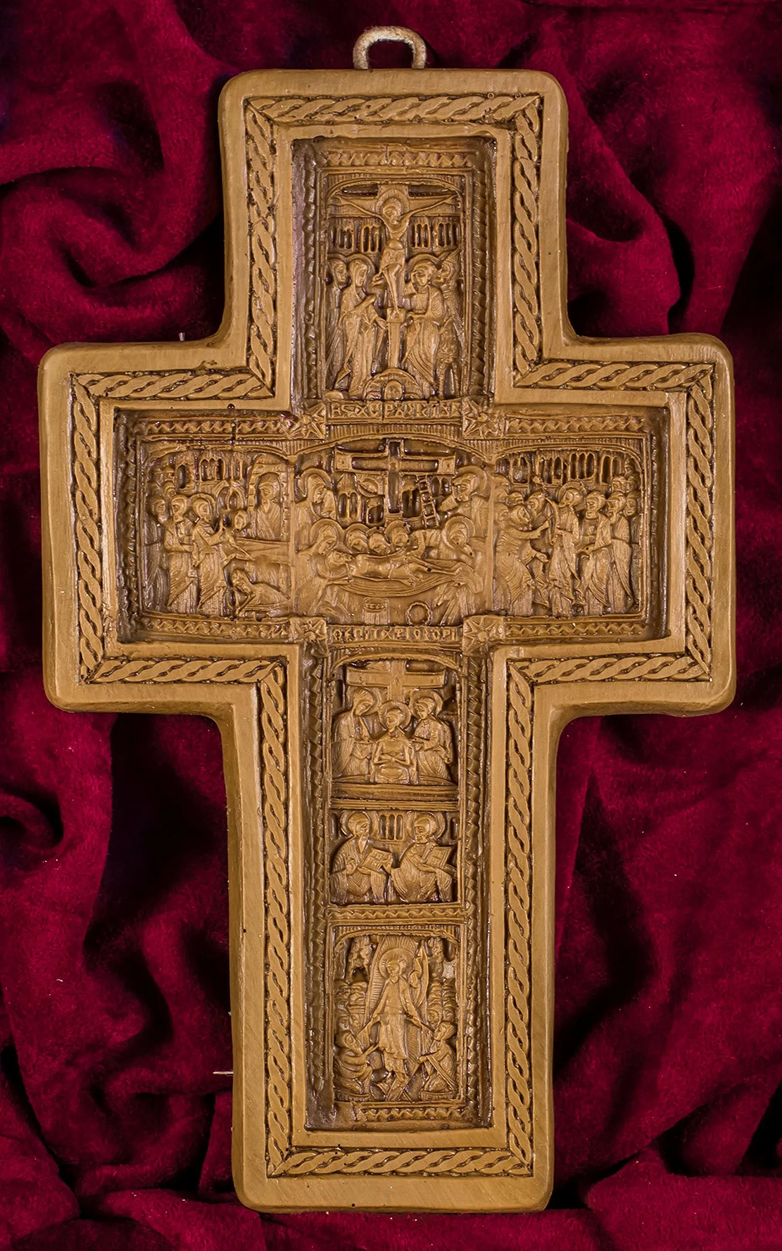 Wall Cross Crucifixion Plaque - Hand-Carved Beeswax, Mastic & Incense from Mount Athos