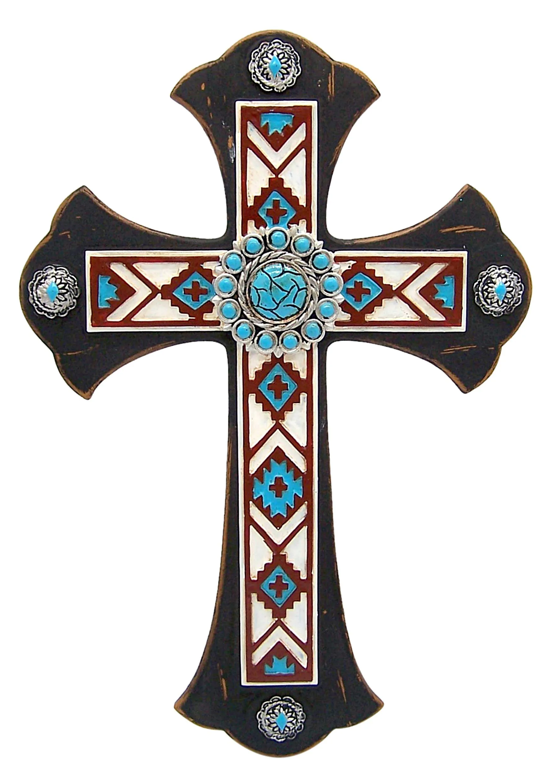 Wowser Southwest Wall Cross, 12.25” Turquoise & Brown Patterned Design, Easy Hanging Hook